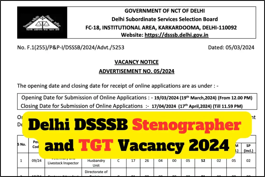 Delhi DSSSB Stenographer and TGT Vacancy 2024