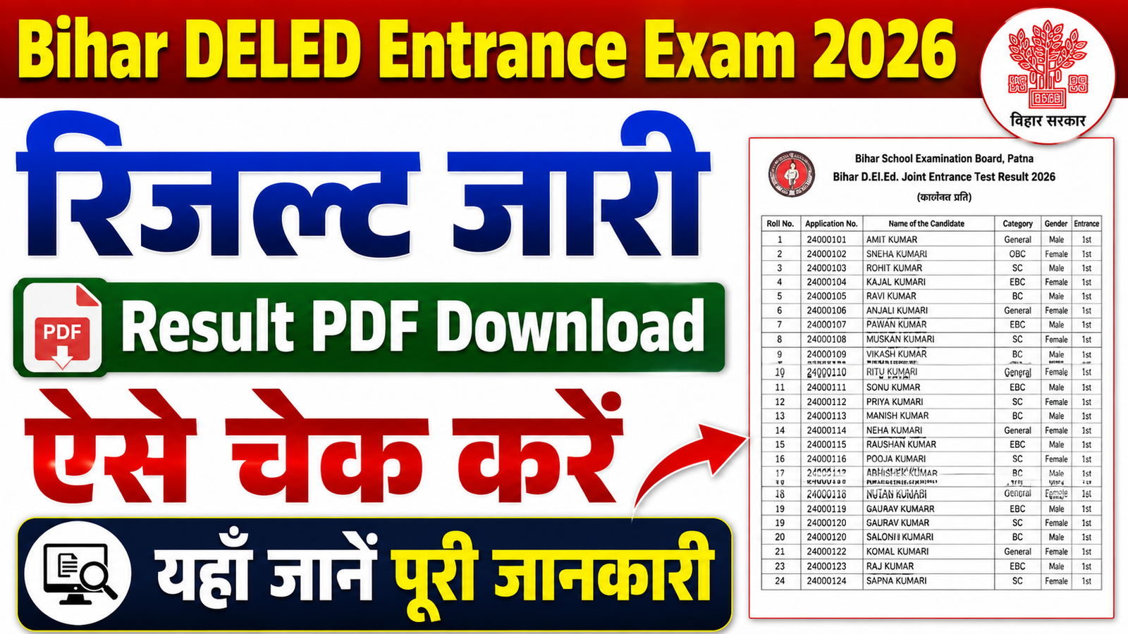 Bihar DELED Entrance Exam Result 2026